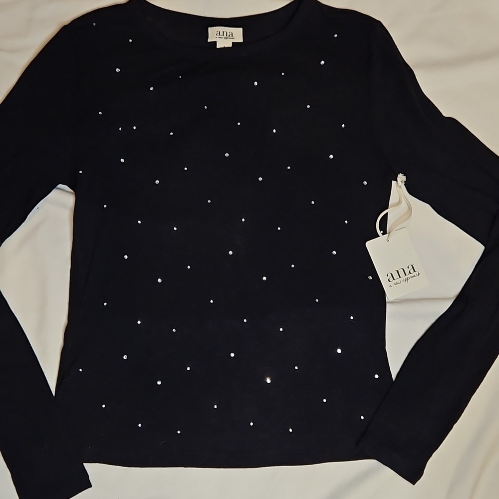 Black Long Sleeve Crewneck Blouse w Rhinestone Embellishment Size Small